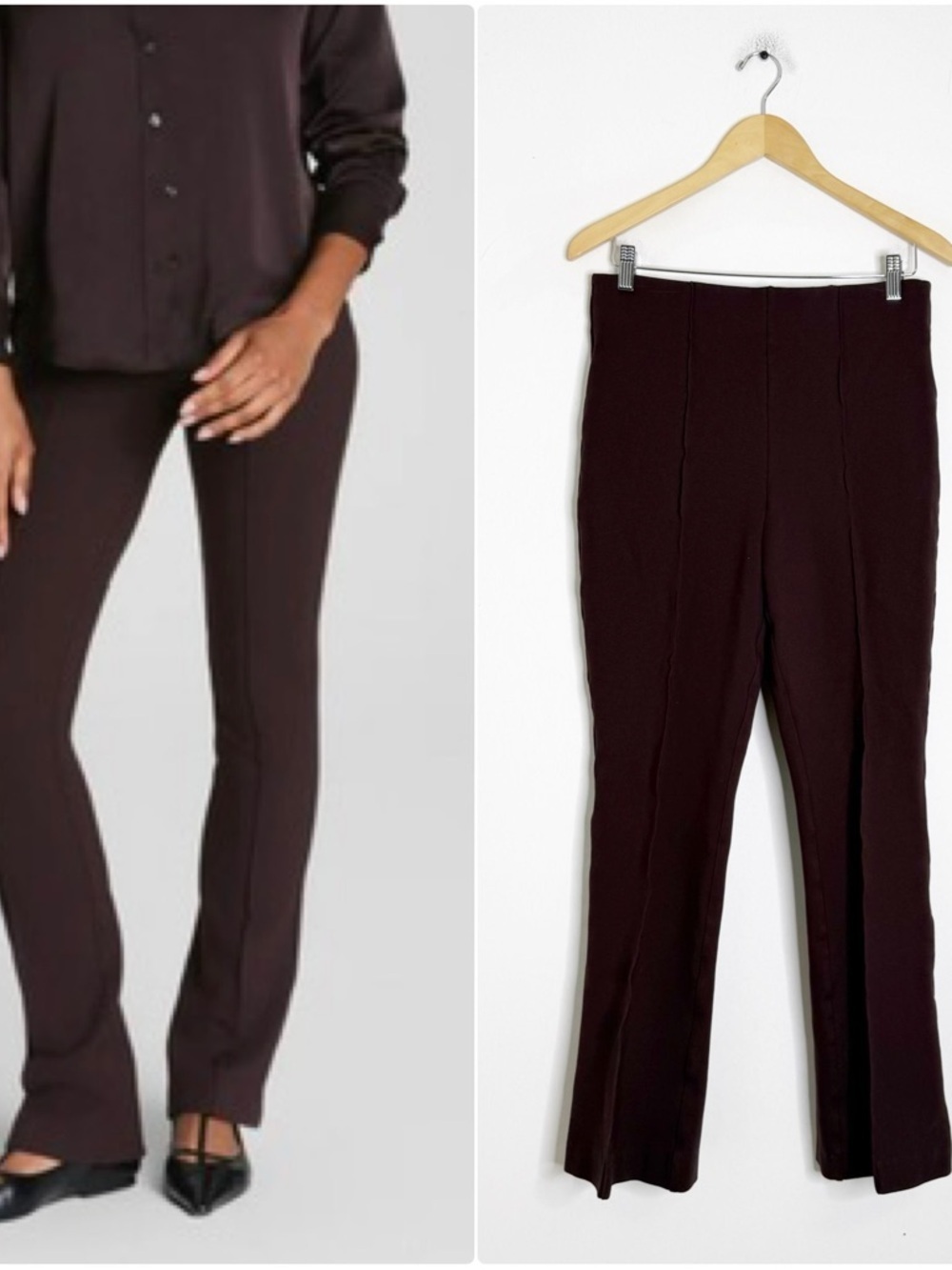SPANX Ponte Micro Flare Pants Brown Pull On High Rise Sz Large Pleated Front